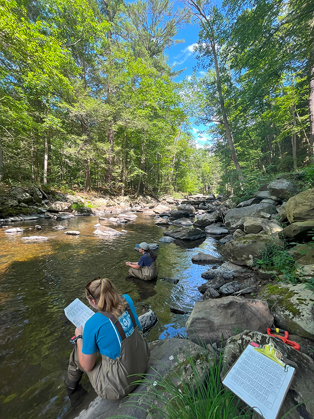 Two staff scientists sitting by a river taking notes.